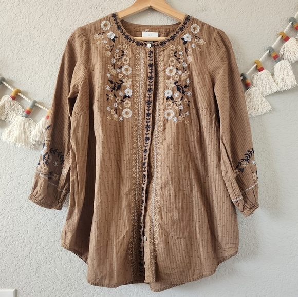 J. Jill Floral Embroidered Button Up Half Sleeve Brown Top Boho Modest Prairie S - Picture 1 of 11